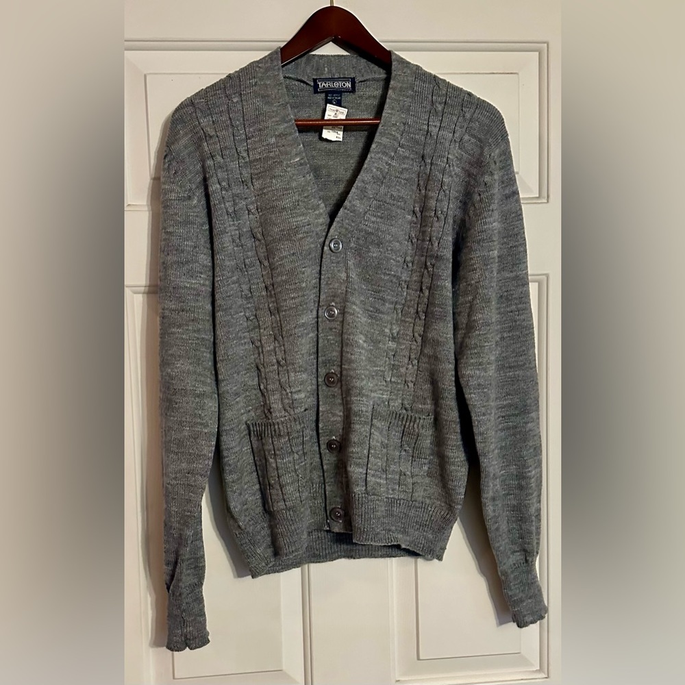 Vintage Tarleton Mens Cardigan Sweater Size L Gray Pockets 80s Buttons NWT‎